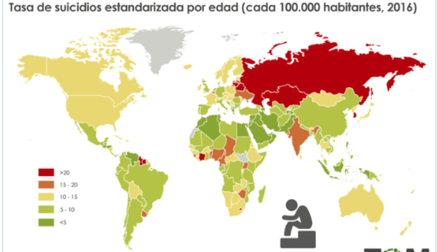 imagen de “La disparidad de los suicidios en el mundo”: Mapa elaborado por el portal El Orden Mundial